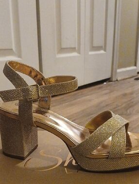 Gold Glitter Block Heel Sandals - Women's Dress Heels